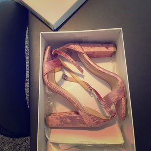 Pink velvet strapped heels